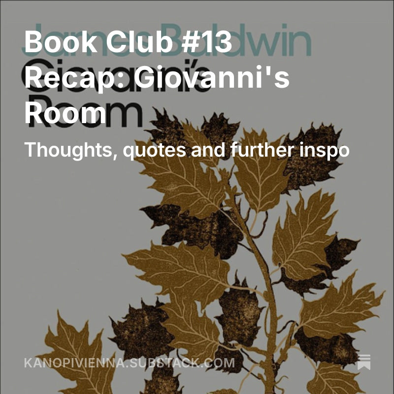 Book Club #13 recap of 'Giovanni's Room' with leaf design on a gray background